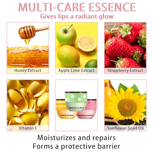 3 Pcs Bee Lip Balm Honey Pot, Honey Strawberry Apple Lip Mask Overnight, Moisturizing Lip Sleeping Mask, Hydrate Repair Pr...