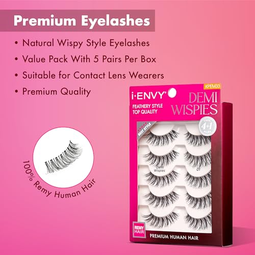 i-ENVY 5 Pairs Demi Wispies False Lashes (1 Pack), Premium Quality 100% Human Hair, Fluffy Feathered Eyelashes With Volume...