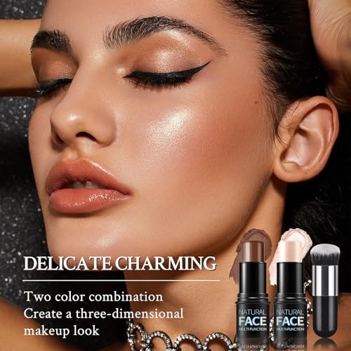HOSAILY 2 Pcs Cream Contour Highlighter Stick for Face Cheeks, Face Brightens Trimming Cream Bronzer Stick, Waterproof Lon...