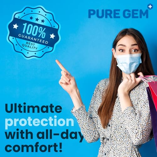 PURE GEM [Pack of 150] Single Use Disposable Blue Face Mask, Soft on Skin, 3-ply Masks Facial Cover with Elastic Earloops ...