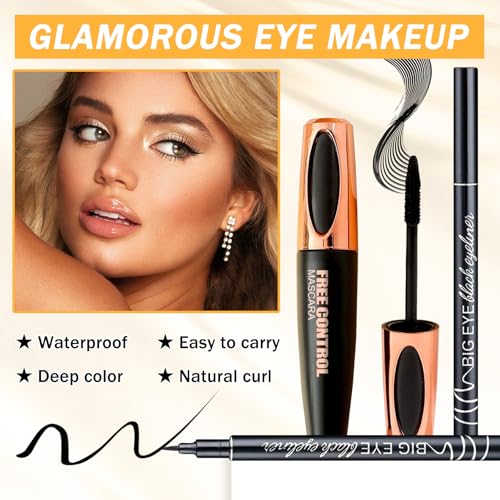 6PCS Black Mascara & Eyeliner Pen Makeup Gift Set,Waterproof Long Lasting Smudge Proof Volume and Length Mascara, Easy to ...