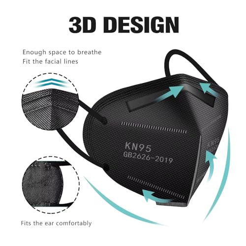 LEMENT 50pcs KN95 Face Mask Black 5 Layer Cup Dust Safety Masks Filter Efficiency≥95% Breathable Elastic Ear Loops Black M...