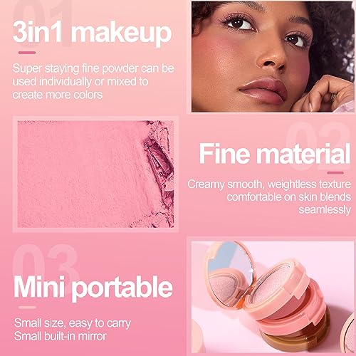 3-in-1 Blendable Trio, Contour and Highlight Blush Makeup Palette, Cream Bronzer, Silky Smooth Powder Blush, Shimmer Highl...