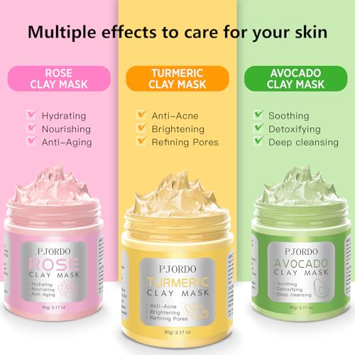 Pjordo 3 Pack clay mask, Turmeric Vitamin C, Avocado, Rose clay mask for face, Face Mask Skin Care for Deep Cleaning Reduc...