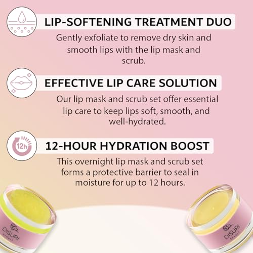 DISURI Beauty Lip Mask and Lip Scrub Set - Moisturizing Lip Scrub for Exfoliating and Smoothing Lips, Cruelty-free - Impro...