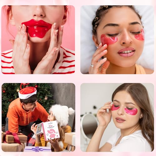 10 Pair Under Eye Mask & 10 Pair Lip Mask Skincare Set, Rose Pink Lip Patches & Under Eye Patches for Puffy Eyes, Dark Cir...