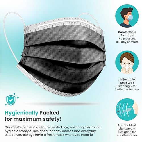 [Pack Of 150] Black Disposable Face Mask, 3-Ply Adult Masks, Facial Cover with Elastic Earloops For Home, Office, School, ...