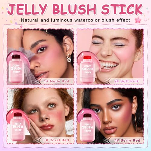 UAOE 2PCS Jelly Blush Stick for Cheeks,Multi-use Cooling Water Jelly Lip Stain Cheek Stain,Moisturizing,Cruelty-Free,Light...