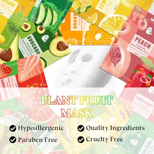 10PCS Hydrating Face Masks,Moisturizing Facial Masks for Women and Men,Fruit Overnight Facial Sheet Mask,Lightweight and N...