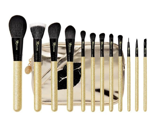 XO Glam 12Pcs Golden Smooches Gold Glitter Makeup Brush Set Premium Synthetic Blending Blush Bronzer Concealer Eyeliner Ey...