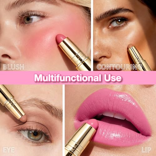 evpct 3Pcs 2In1 Blush Contour Multiuse Makeup Sticks Set, Pink Rose Berry Tan & Nude Brown Creamy Butter Blush Bronzer Con...