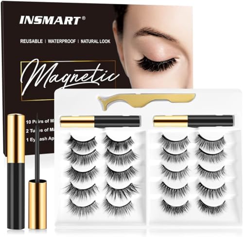 Magnetic Eyelashes with Magnetic Eyeliner Kit -10 Pairs Upgraded 3D 5D Magnetic Eyelashes Kit with Tweezers & 2 Tubes of M...