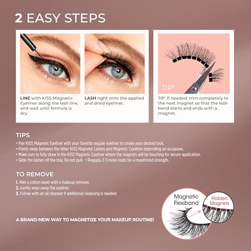 KISS Magnetic False Eyelashes and Eyeliner, ‘Charm’, 12mm, Easy to Apply, Reusable, No Glue, Flexible Band, Precision Felt...