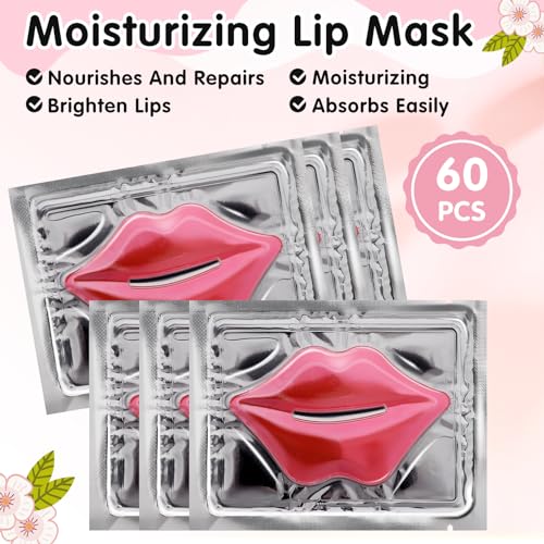 Yihurlm 60 PCS Lip Mask,Collagen Crystal Lip Mask,Lip Mask Sheet,Lip Masks for Dry Lips,Lip Gel Masks,Pink Lip Care Pads,A...