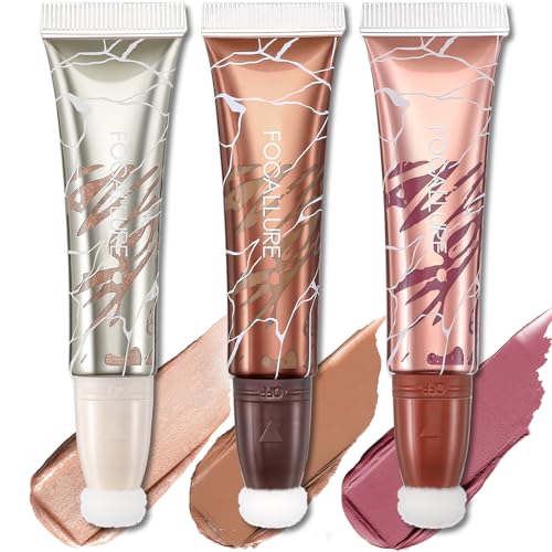 FOCALLURE 3 PCS Liquid Contour Stick,Moisturizing Highlighter,Blush and Bronzer,Silky Cream Contouring Pen with Soft Cushi...
