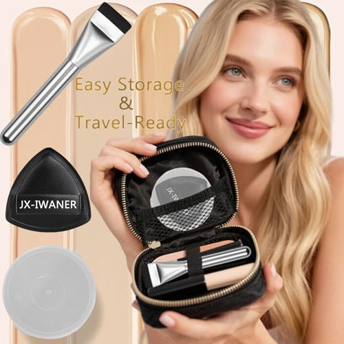 Flat Foundation Brush + Makeup Sponge, Korean Makeup Set Liquid Foundation Concealer Brush and Makeup Sponge for Blending,...