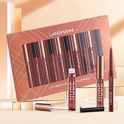 LANGMANNI 6 Matte Lipstick with 6 Lipliners Durable Makeup Set,Long-Lasting Non-Stick Cup Not Fade Waterproof Pigmented Ve...