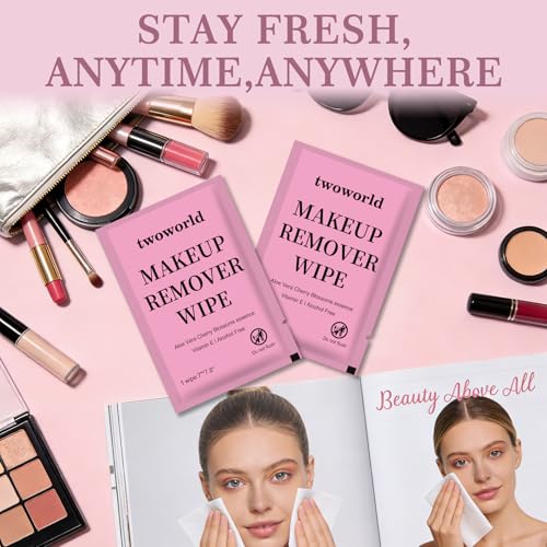 Twoworld Makeup Remover Wipes Bulk Individually Wrapped,Travel Makeup Wipes Gentle for Face Cleansing Mascara Lipstick Tra...