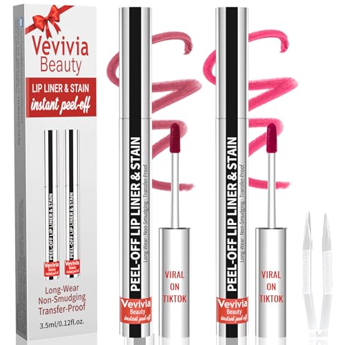 Vevivia 2pcs Lip Stain Peel Off - Lip Liner Stain Long Lasting Waterproof,2-in-1 Lip Liner with Tweezer Nude Matte,Non-Sti...