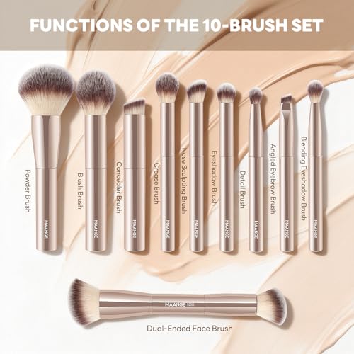 10 Pcs MAANGE Travel Makeup Brush Set with Magnetic case, Premium Synthetic Short Handle Brushes for Foundation, Powder, C...