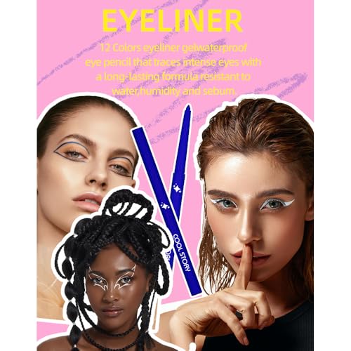 12 Colors Shimmer Eyeliner Pen Set, Waterproof, Long-Lasting, Glitter Eyeliner for Bold Eye Makeup, Metallic Glitter Finis...