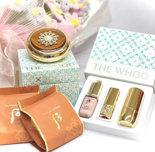 THE WHOO Essence Cushion No.21 (Original 15g + 2 Refill) + Holiday Set (Base Pink 8ml, Lip Rouge # Red Orange 1.3g, Founda...