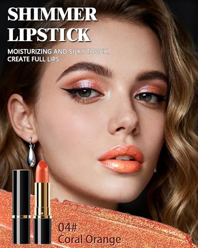 Glitter Coral Orange Metallic Lipstick for Women, Long Lasting Hydrating Moisturizing Sparkly Lip Stick, Lightweight Non-D...
