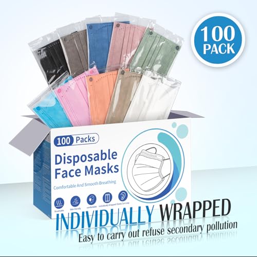 Disposable Face Mask For Adults - Travel Essentials, 100 Pack Individually Wrapped, 4 Ply Protection,Safety Masks Disposable