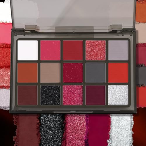 UCANBE Red Eyeshadow Makeup Palette, 15 Colors Burgunry Gray Silver Shimmer Matte Glitter Metallic Eye Shadow Pallet, Pigm...