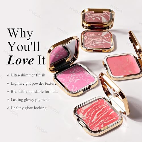 KYDA Baked Blush Palette, Shimmer Marbleized Blusher with Gold Pearl, Buildable Glow Cheek Color, Shimmer Stain Blusher, L...