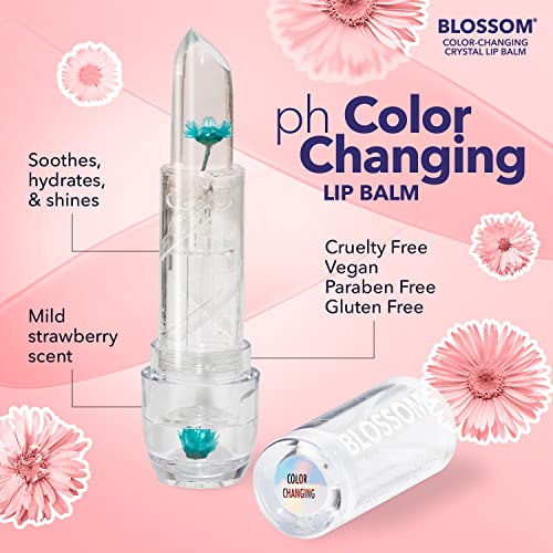 Blossom Lip Gloss Moisturizing pH Lip Balm, Strawberry Scented Color Changing Crystal Lip Stain Tint, Infused with Real Fl...