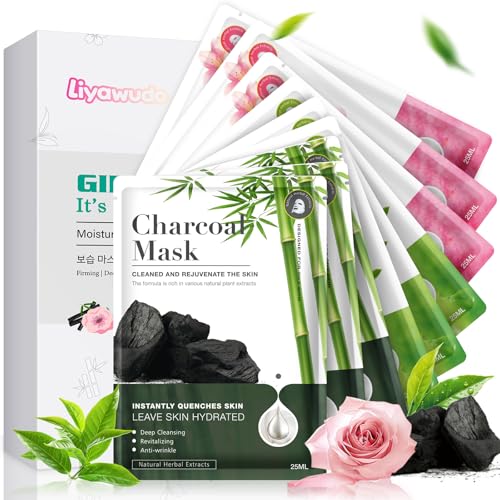 Liyawudo Centella hydrating face masks Set (9 Pack) – Hydrating Face Masks with Green Tea, Sakura & Charcoal | Moisturizin...