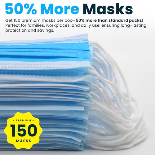 PURE GEM [Pack of 150] Single Use Disposable Blue Face Mask, Soft on Skin, 3-ply Masks Facial Cover with Elastic Earloops ...