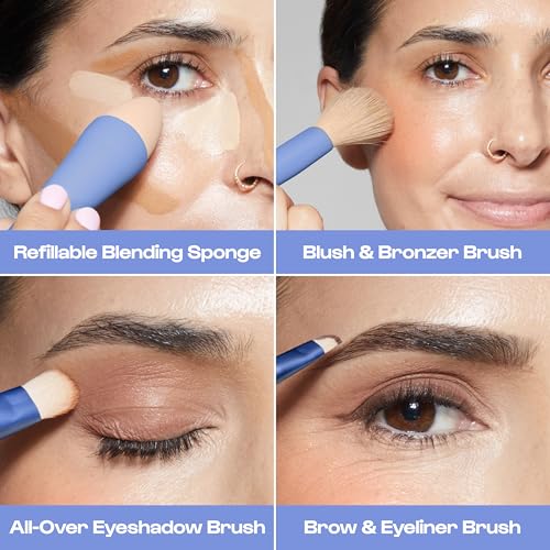 Alleyoop Multi-Tasker 4-in-1 Travel Makeup Brush Set – Compact Makeup Brushes with Blending Sponge, Eyeshadow, Eyebrow & L...