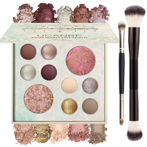 UCANBE Full Size Baked Makeup Palette Set - Include Blush, Bronzer, 8 Eyeshadows & Brushes, Pigmented All-in-One Face & Ey...