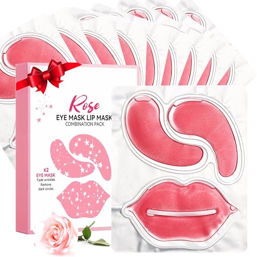 10 Pair Under Eye Mask & 10 Pair Lip Mask Skincare Set, Rose Pink Lip Patches & Under Eye Patches for Puffy Eyes, Dark Cir...