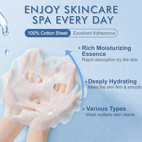 KONEUK 14 Pack Sheet Face Masks Skincare, Hydrating Face Masks Suitable for Dry Skin, Bulk Facial Mask Set for Women Skin ...