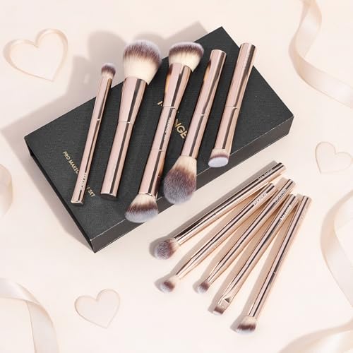 10 Pcs MAANGE Travel Makeup Brush Set with Magnetic case, Premium Synthetic Short Handle Brushes for Foundation, Powder, C...