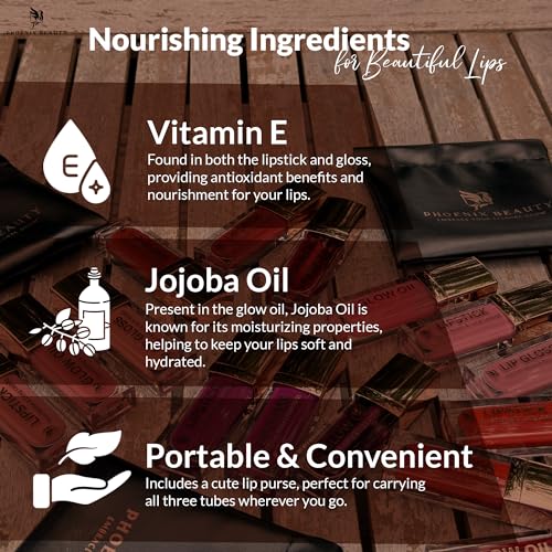 Phoenix Beauty Lip Trio – Deep Red Matte Lipstick + Gloss & Lip Oil | Smudge-Proof Lipstick + Moisturizing Gloss with Jojo...