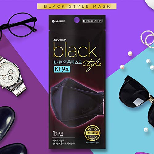 [LG Airwasher] KF94 Disposable Face Mask, 10 Pack - Made in Korea, Black Breathable Reusable Face Mask, Individually Wrapp...