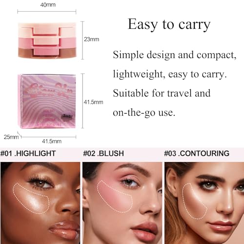 3-in-1 Blendable Trio, Contour and Highlight Blush Makeup Palette, Cream Bronzer, Silky Smooth Powder Blush, Shimmer Highl...