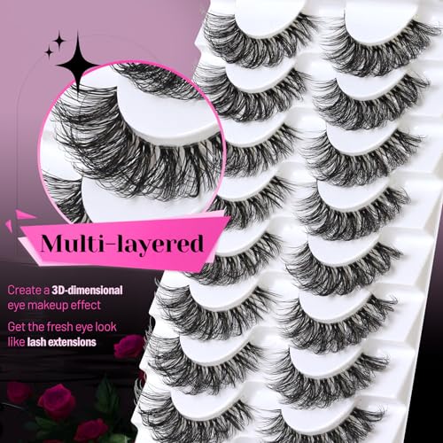 Veleasha Lashes Russian Strip Lashes Eyelashes with Clear Band Looks Like Eyelash Extensions D Curl Lash Strips 10 Pairs P...
