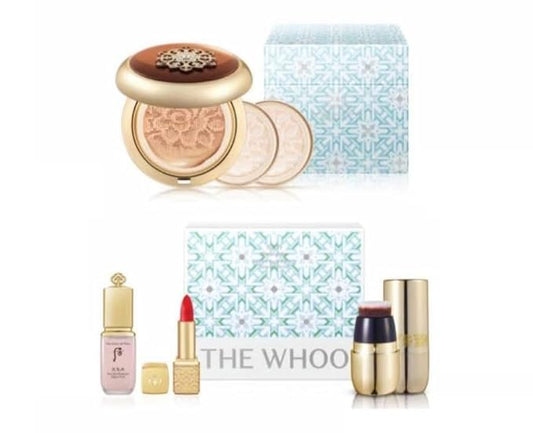 THE WHOO Essence Cushion No.21 (Original 15g + 2 Refill) + Holiday Set (Base Pink 8ml, Lip Rouge # Red Orange 1.3g, Founda...