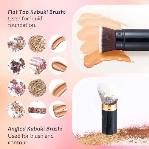 Tessco for you 2 Pcs Retractable Kabuki Makeup Brush Powder Foundation Makeup Brushes Portable Travel for Blush Bronzer Bu...