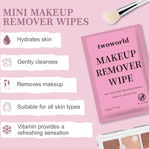 Twoworld Makeup Remover Wipes Bulk Individually Wrapped,Travel Makeup Wipes Gentle for Face Cleansing Mascara Lipstick Tra...