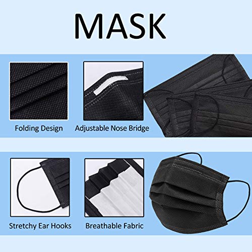 100PCs Black Disposable Face Mask 3-Ply Breathable & Comfortable Safety Mask, Protective Masks for Home, Office, School an...