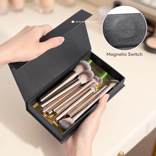 10 Pcs MAANGE Travel Makeup Brush Set with Magnetic case, Premium Synthetic Short Handle Brushes for Foundation, Powder, C...