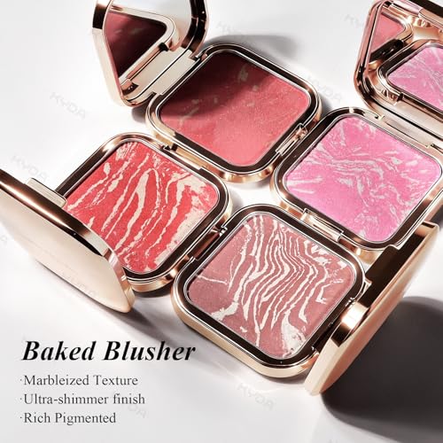 KYDA Baked Blush Palette, Shimmer Marbleized Blusher with Gold Pearl, Buildable Glow Cheek Color, Shimmer Stain Blusher, L...