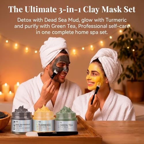 ANAI RUI 3 Pcs Face Mask Set - Turmeric Clay Mask - Green Tea Face Mask - Dead Sea Mud Mask for Oily Skin, Blackheads & Po...