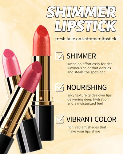 Glitter Coral Orange Metallic Lipstick for Women, Long Lasting Hydrating Moisturizing Sparkly Lip Stick, Lightweight Non-D...